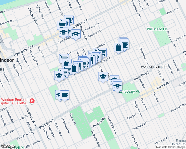 map of restaurants, bars, coffee shops, grocery stores, and more near 1062 Marentette Avenue in Windsor