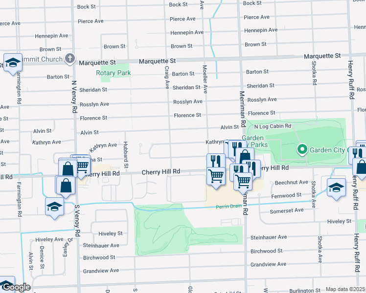 map of restaurants, bars, coffee shops, grocery stores, and more near 31941 Kathryn Street in Garden City