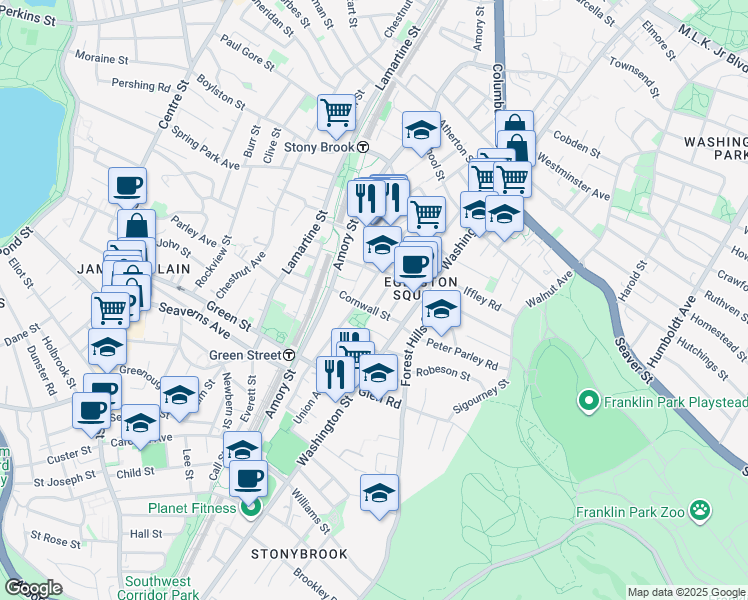 map of restaurants, bars, coffee shops, grocery stores, and more near 73 Merriam Street in Boston