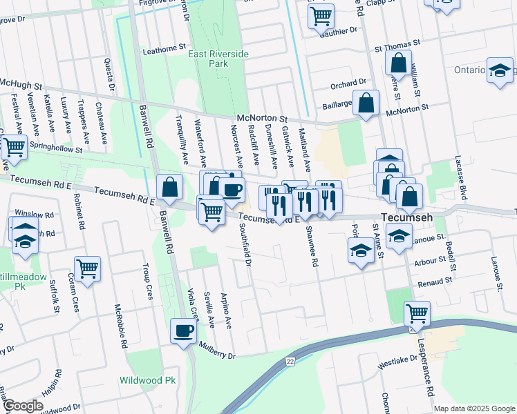 map of restaurants, bars, coffee shops, grocery stores, and more near 11886 Tecumseh Road East in Windsor