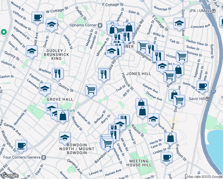 map of restaurants, bars, coffee shops, grocery stores, and more near 25 Trull Street in Boston