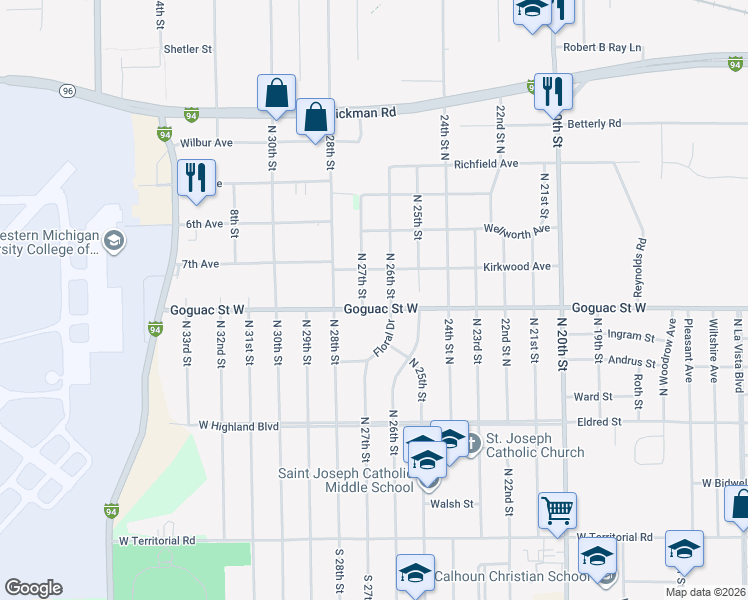 map of restaurants, bars, coffee shops, grocery stores, and more near 1254 Goguac Street West in Battle Creek