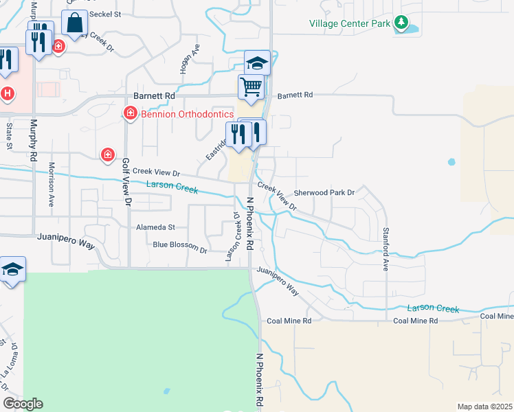 map of restaurants, bars, coffee shops, grocery stores, and more near 1401 Larson Creek Drive in Medford