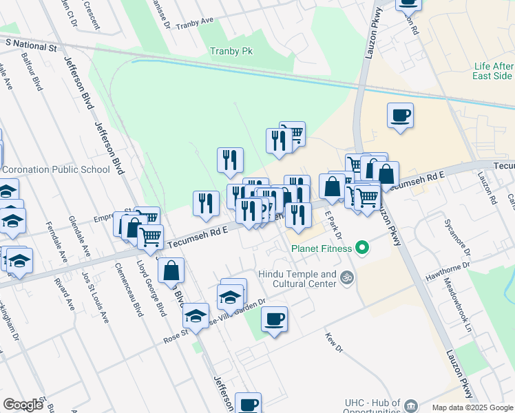 map of restaurants, bars, coffee shops, grocery stores, and more near 6640 Tecumseh Road East in Windsor