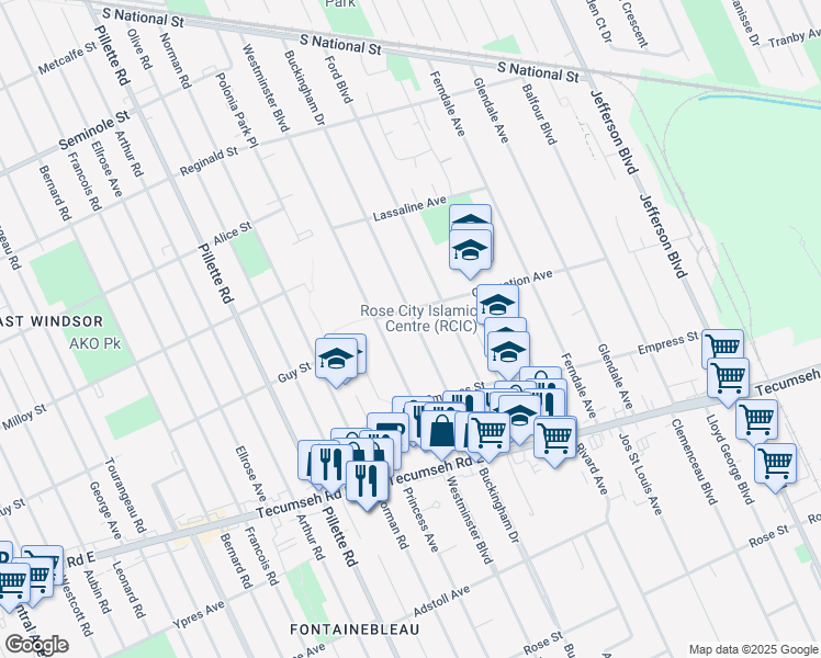 map of restaurants, bars, coffee shops, grocery stores, and more near 1919 Buckingham Drive in Windsor