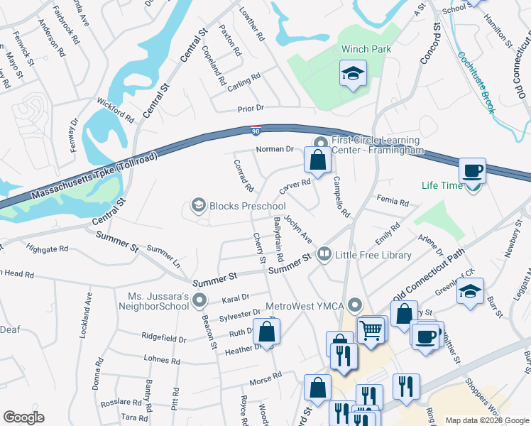 map of restaurants, bars, coffee shops, grocery stores, and more near 33 Carver Road in Framingham