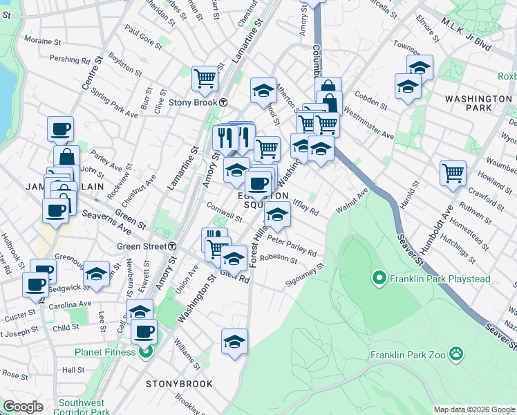 map of restaurants, bars, coffee shops, grocery stores, and more near 3215 Washington Street in Boston