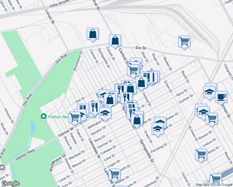 map of restaurants, bars, coffee shops, grocery stores, and more near 2361 Carson Street in Detroit
