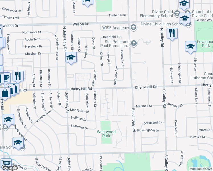 map of restaurants, bars, coffee shops, grocery stores, and more near 26030 Cherry Hill Rd in Dearborn Heights