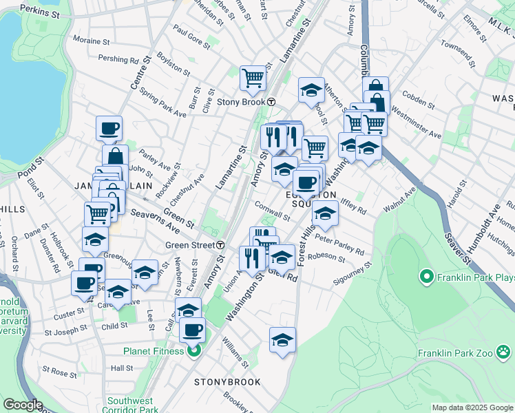 map of restaurants, bars, coffee shops, grocery stores, and more near 74 Cornwall Street in Boston