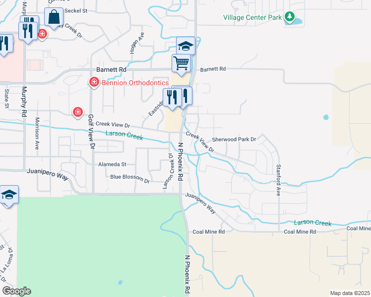 map of restaurants, bars, coffee shops, grocery stores, and more near 1401 Larson Creek Drive in Medford
