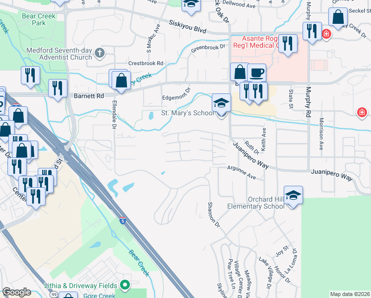map of restaurants, bars, coffee shops, grocery stores, and more near 2474 Senate Way in Medford