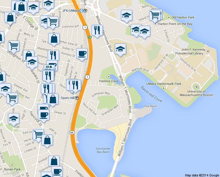 map of restaurants, bars, coffee shops, grocery stores, and more near 64 Grampian Way in Boston