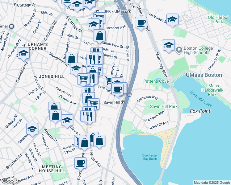 map of restaurants, bars, coffee shops, grocery stores, and more near 87 Savin Hill Avenue in Boston