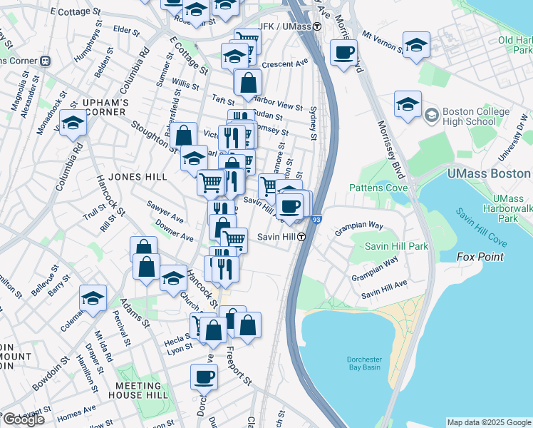 map of restaurants, bars, coffee shops, grocery stores, and more near 87 Savin Hill Avenue in Boston