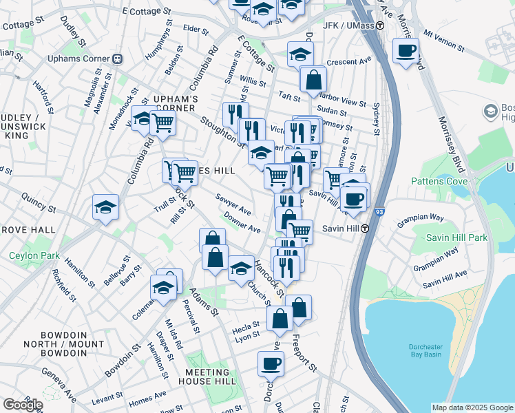 map of restaurants, bars, coffee shops, grocery stores, and more near 109 Pleasant Street in Boston