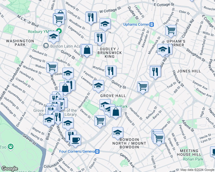 map of restaurants, bars, coffee shops, grocery stores, and more near 60 Lawrence Avenue in Boston