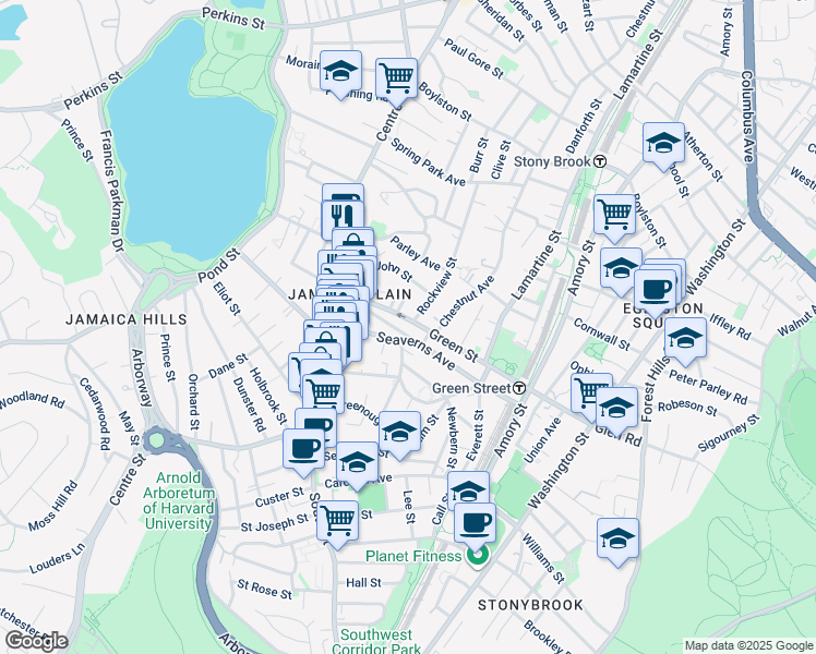 map of restaurants, bars, coffee shops, grocery stores, and more near 38 Seaverns Avenue in Boston