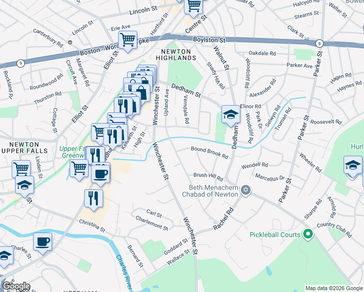 map of restaurants, bars, coffee shops, grocery stores, and more near 98 Bound Brook Road in Newton
