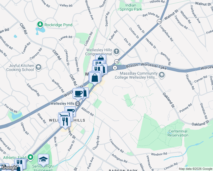 map of restaurants, bars, coffee shops, grocery stores, and more near 26 Eaton Court in Wellesley