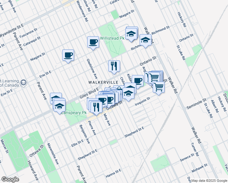 map of restaurants, bars, coffee shops, grocery stores, and more near 1255 Lincoln Road in Windsor