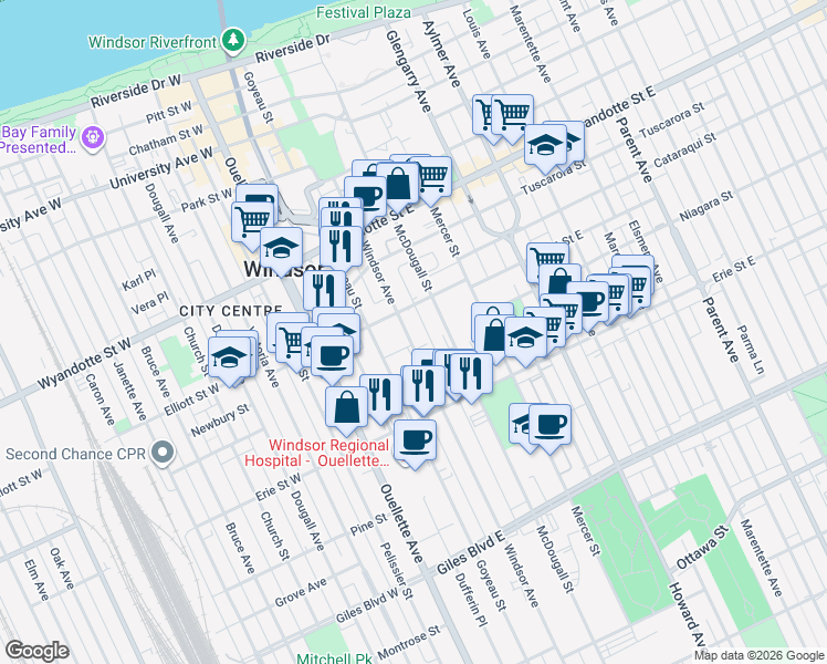 map of restaurants, bars, coffee shops, grocery stores, and more near in Windsor