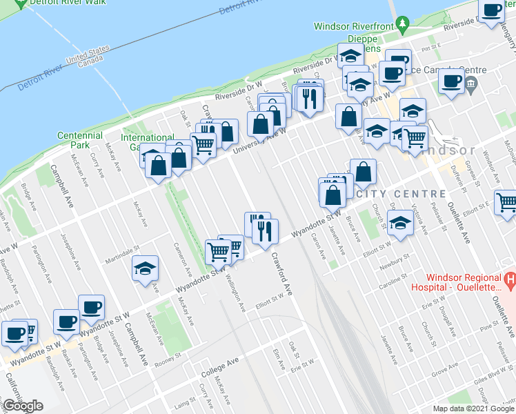 map of restaurants, bars, coffee shops, grocery stores, and more near 510 Crawford Avenue in Windsor
