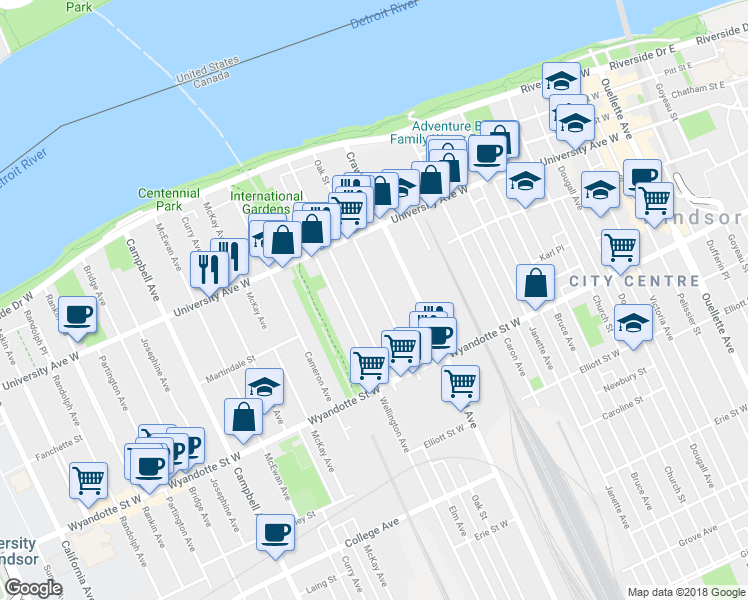 map of restaurants, bars, coffee shops, grocery stores, and more near 436 Elm Avenue in Windsor