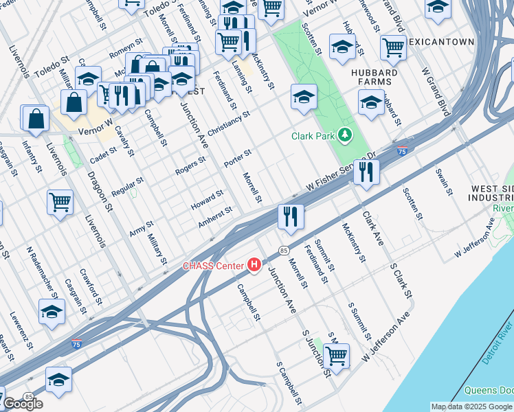 map of restaurants, bars, coffee shops, grocery stores, and more near 1014 Junction Avenue in Detroit