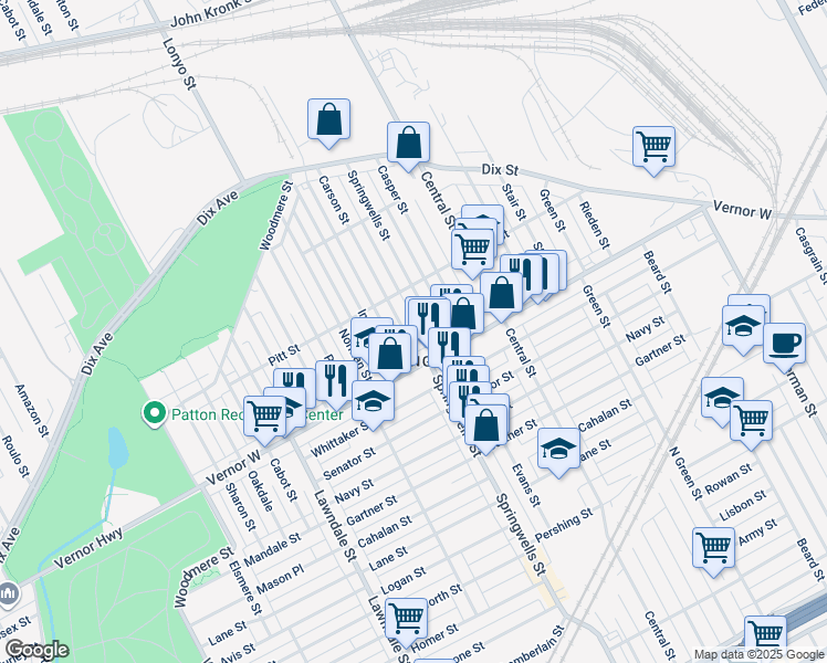 map of restaurants, bars, coffee shops, grocery stores, and more near 2361 Carson Street in Detroit