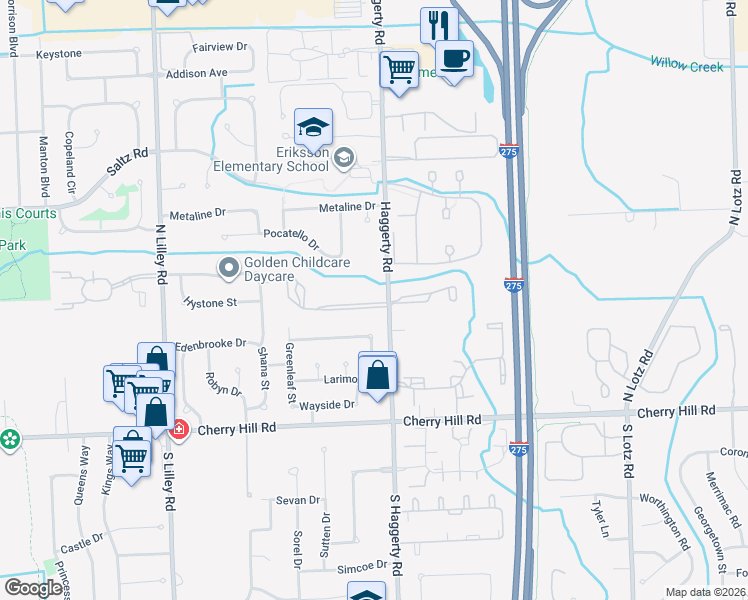 map of restaurants, bars, coffee shops, grocery stores, and more near 41434 West Village Green Boulevard in Canton
