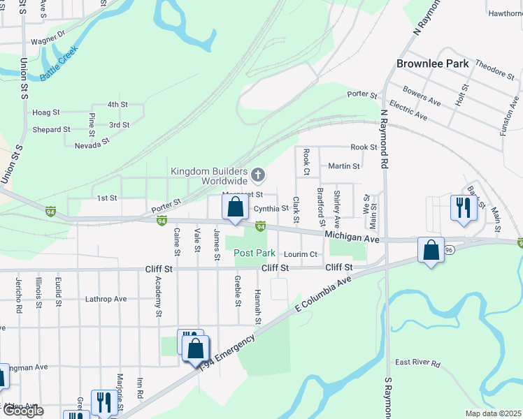 map of restaurants, bars, coffee shops, grocery stores, and more near 8 Cynthia Street in Battle Creek