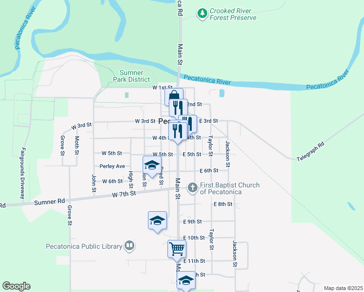 map of restaurants, bars, coffee shops, grocery stores, and more near 527 Main Street in Pecatonica
