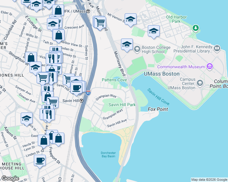 map of restaurants, bars, coffee shops, grocery stores, and more near 64 Grampian Way in Boston