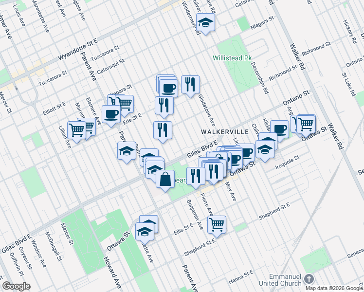 map of restaurants, bars, coffee shops, grocery stores, and more near 1232 Giles Boulevard East in Windsor