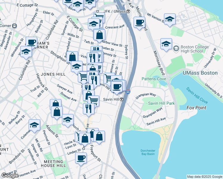 map of restaurants, bars, coffee shops, grocery stores, and more near 87 Savin Hill Avenue in Boston