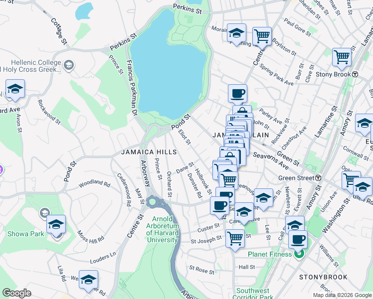 map of restaurants, bars, coffee shops, grocery stores, and more near 40 Eliot Street in Boston