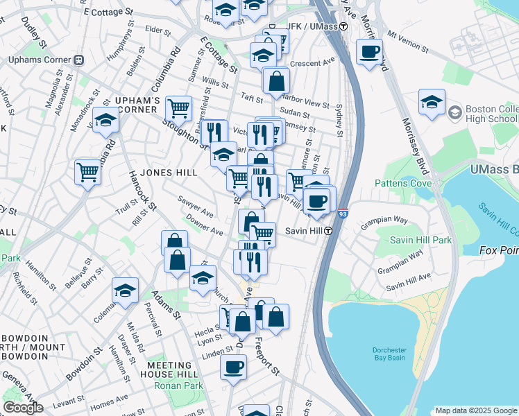 map of restaurants, bars, coffee shops, grocery stores, and more near 1133 Dorchester Avenue in Boston
