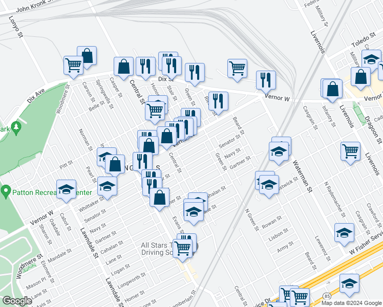 map of restaurants, bars, coffee shops, grocery stores, and more near 7297 Whittaker St in Detroit