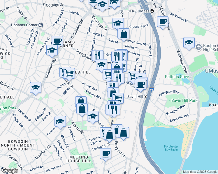 map of restaurants, bars, coffee shops, grocery stores, and more near 1133 Dorchester Avenue in Boston