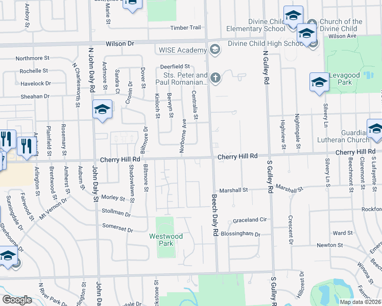 map of restaurants, bars, coffee shops, grocery stores, and more near 25903 Cherry Hill Road in Inkster