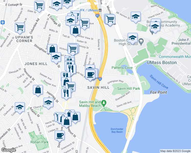 map of restaurants, bars, coffee shops, grocery stores, and more near 23 Sydney Street in Boston