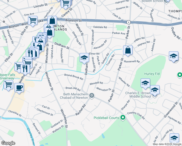 map of restaurants, bars, coffee shops, grocery stores, and more near 36 Cannon Street in Newton