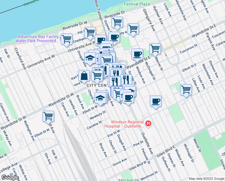 map of restaurants, bars, coffee shops, grocery stores, and more near in Windsor