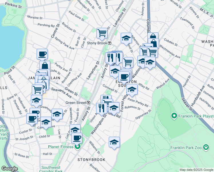 map of restaurants, bars, coffee shops, grocery stores, and more near 73 Merriam Street in Boston