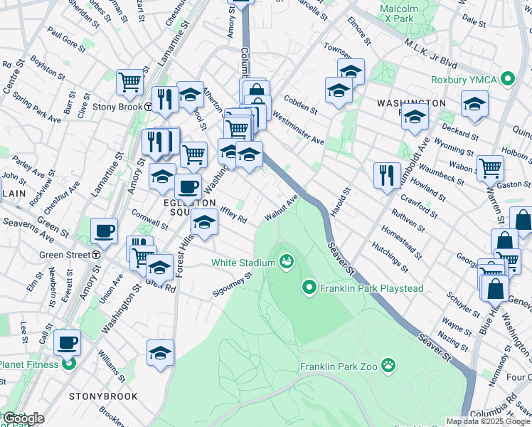 map of restaurants, bars, coffee shops, grocery stores, and more near 435 Walnut Avenue in Roxbury