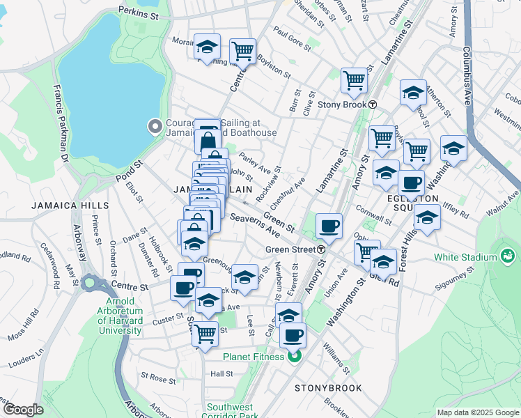 map of restaurants, bars, coffee shops, grocery stores, and more near 50 Green Street in Boston