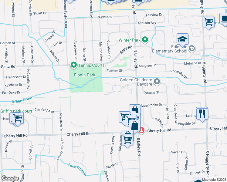 map of restaurants, bars, coffee shops, grocery stores, and more near 42802 Lilley Pointe Drive in Canton