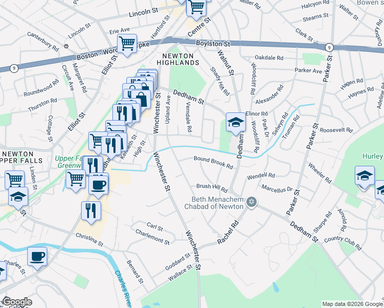 map of restaurants, bars, coffee shops, grocery stores, and more near 83 Bound Brook Road in Newton
