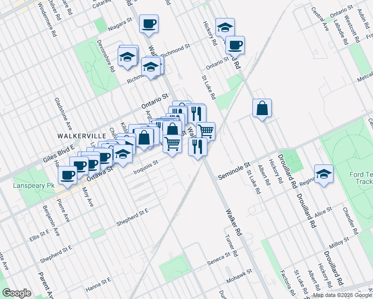 map of restaurants, bars, coffee shops, grocery stores, and more near 2139 Ottawa Street in Windsor